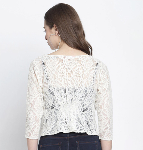 Women White Self Design Cotton Open Front Crop Shrug